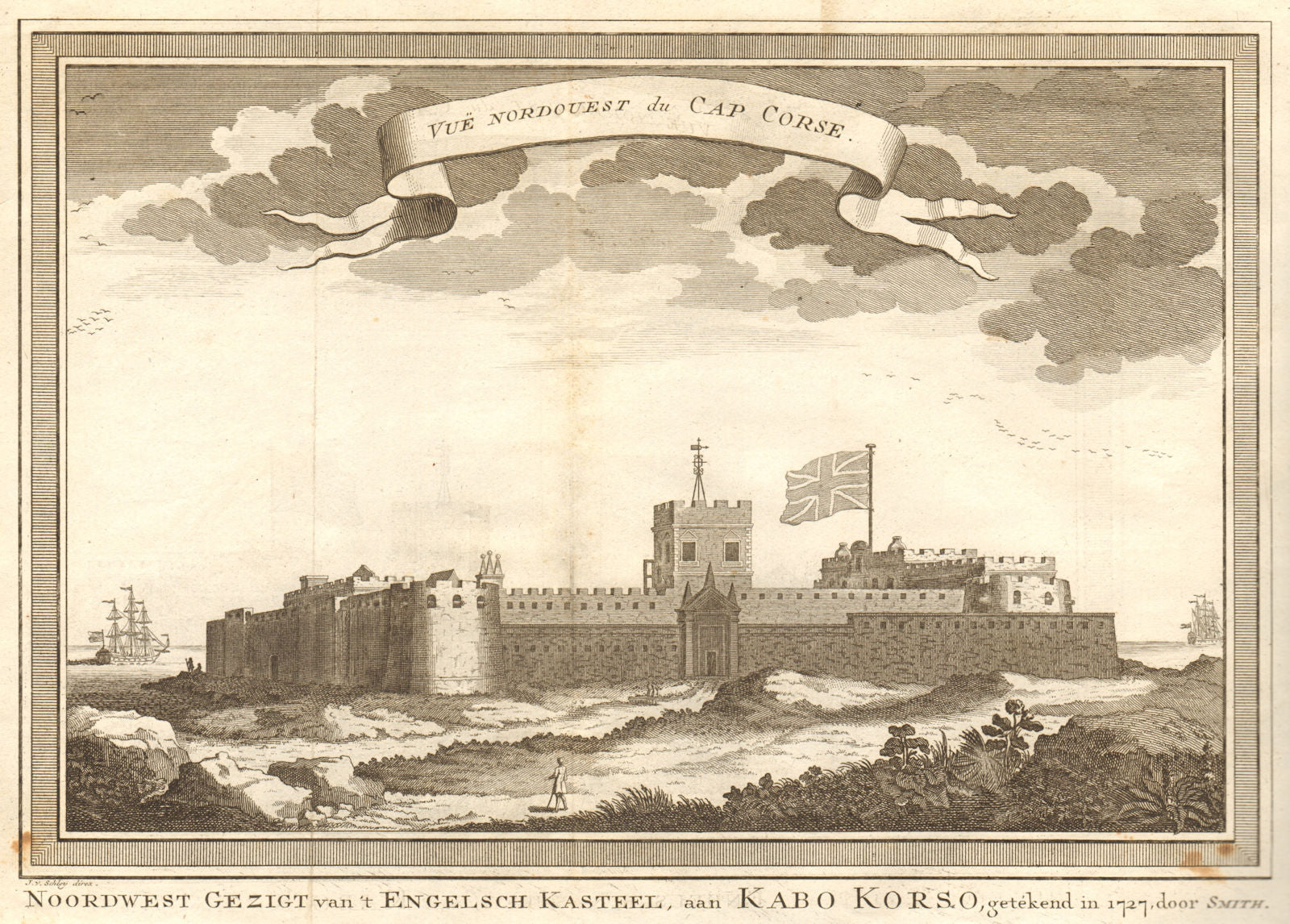 'Vue Nord-Ouest du Cap Corse'. Ghana. NW view of Cape Coast Castle. SCHLEY 1748